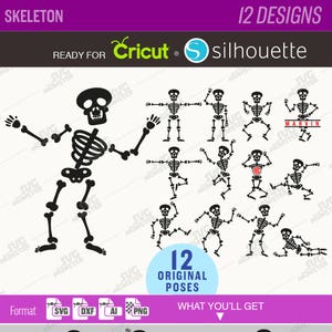 Könnte beinhalten: Ein Set mit 12 originellen Skelett-Posen in Schwarz, bereit für die Verwendung mit Cricut- oder Silhouette-Schneidemaschinen. Die Posen umfassen eine Vielzahl von lustigen und gruseligen Ausdrücken, perfekt für Halloween-Bastelarbeiten und -Projekte. Das Bild zeigt auch ein Beispiel dafür, wie die Skelette verwendet werden können, um ein personalisiertes T-Shirt zu erstellen.