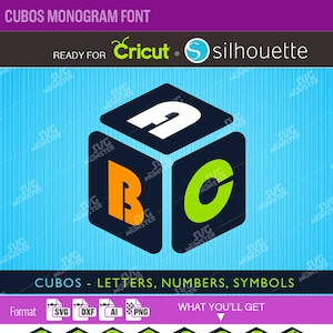 Puede incluir: Un conjunto de letras del alfabeto, números y símbolos en un diseño de cubo 3D. Las letras están en una fuente verde y los cubos son negros con un contorno blanco. Las letras están dispuestas en filas y columnas. La imagen también incluye un ejemplo de cómo se puede usar la fuente en una taza azul.