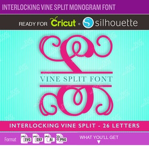 Puede incluir: Fuente de monograma de vid entrelazada y dividida en gris, con una muestra de la letra "M" en purpurina dorada sobre una almohada. La fuente está disponible en los formatos SVG, DXF, AI y PNG. El texto "VINE SPLIT FONT" está en rosa. El texto "INTERLOCKING VINE SPLIT - 26 LETTERS" está en blanco. El texto "WHAT YOU'LL GET" está en blanco. El texto "EXAMPLE OF USE" está en blanco. El texto "MARILYN" está en negro.