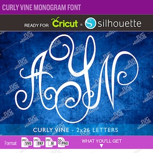 Peut inclure: Un téléchargement numérique d'une police de monogramme à vignes bouclées aux formats SVG, DXF, AI et PNG. La police comprend 26 lettres majuscules, chacune avec un design unique de vignes bouclées. L'image montre un exemple de la police utilisée sur un sac fourre-tout avec le texte "Quality Wash Handmade".