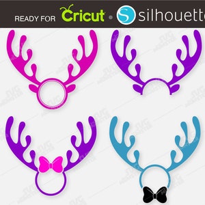 May include: Four different reindeer antler headbands with a circle for a monogram. The antlers are in pink, purple, blue, and teal. Two of the headbands have a bow, one pink and one black.