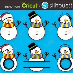 May include: Set of six snowman SVG cut files for Cricut and Silhouette. The snowmen are in various poses, some wearing hats and scarves, and some with blank circles for personalisation.