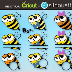 Puede incluir: Nueve imágenes de abejas de dibujos animados con diferentes variaciones de lazos, pajaritas y espacios en blanco para texto. Las abejas son amarillas y negras con ojos grandes. El texto "Buzz" está en el centro de la imagen.