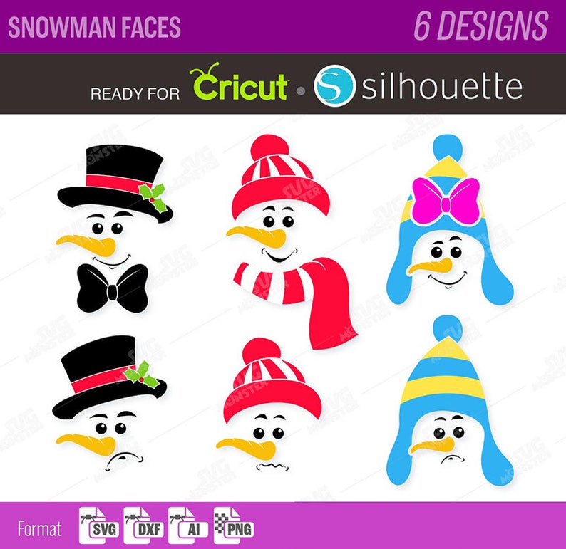 May include: Six different snowman face designs for crafting. The faces are in various colours, including black, red, blue, yellow, and white. Each face has a different expression, including happy, sad, and surprised. The designs are ready for use with Cricut and Silhouette cutting machines.