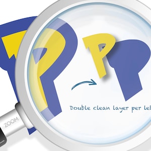 May include: A magnifying glass is zoomed in on two yellow letters "P" cut out of blue paper. The text "Double clean layer per letter" is written below the letters.