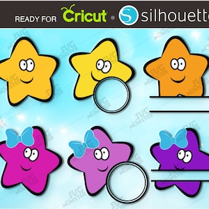 May include: Four colorful star-shaped designs with a split monogram area. The stars are yellow, orange, pink, and purple. Each star has a smiling face with large eyes and a bow on top. The stars are on a light blue background.