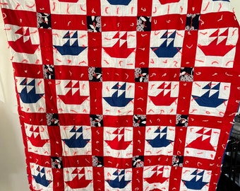Custom Made Quilt Jacket. With two pockets. ANY SIZE Vintage Quilt Red White and Blue Boat Quilt Tied
