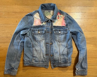 Repurposed Denim Jacket. Girls Medium with quilt pieces.