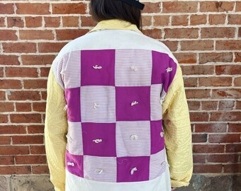 Custom Made Quilt Jacket with two pockets. Unisex Small. Floral and yellow patch quilt