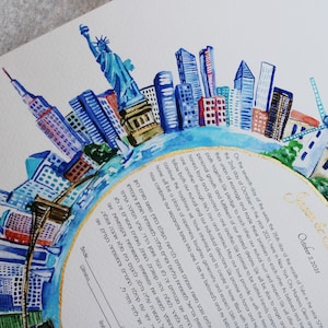 Jerusalem & New York Ketubah, Round watercolor Ketubah,  Fine Art Ketubah