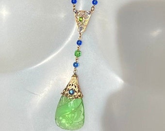 REDUCED Vintage Art Deco Restored Blue and Green Y Pendant Necklace