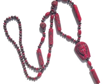 REDUCED Vintage Egyptian Revival Dark Red Czech (Neiger) Glass Bead Pendant Necklace