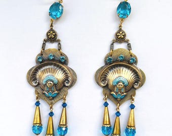 Vintage Design Egyptian Pharaoh Blue Dangle Earrings