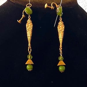 Vintage Egyptian Revival Green Gold Plated Screw Back Earrings