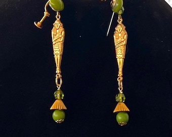 Vintage Egyptian Revival Green Gold Plated Screw Back Earrings