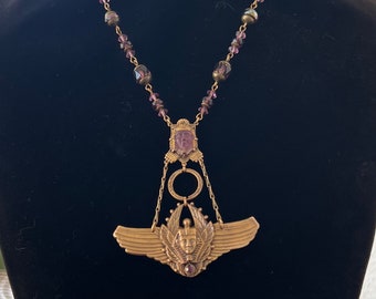 Reduced Vintage Art Deco Egyptian Pharaoh Purple Pendant Necklace