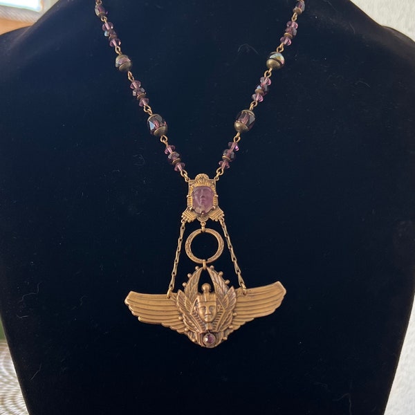 Reduced Vintage Art Deco Egyptian Pharaoh Purple Pendant Necklace