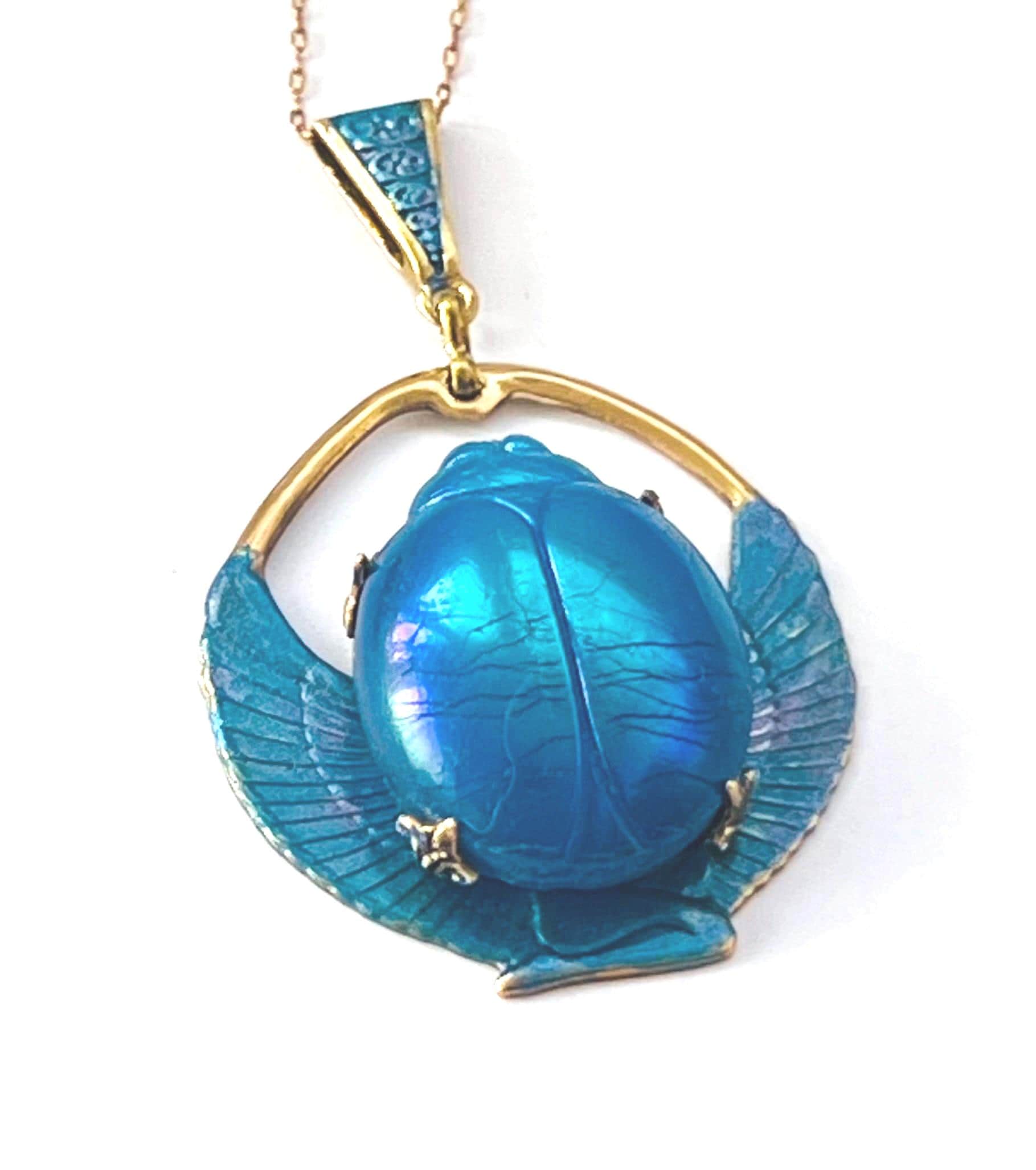 Vintage Iridscent Turquoise Winged Scarab Pendant Necklace