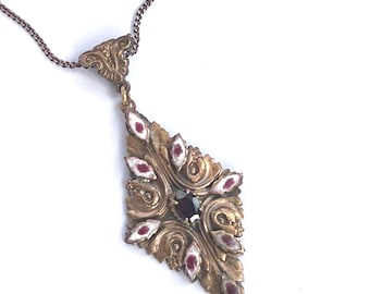 Vintage Restaurierte Granat und Emaille Anhänger Halskette