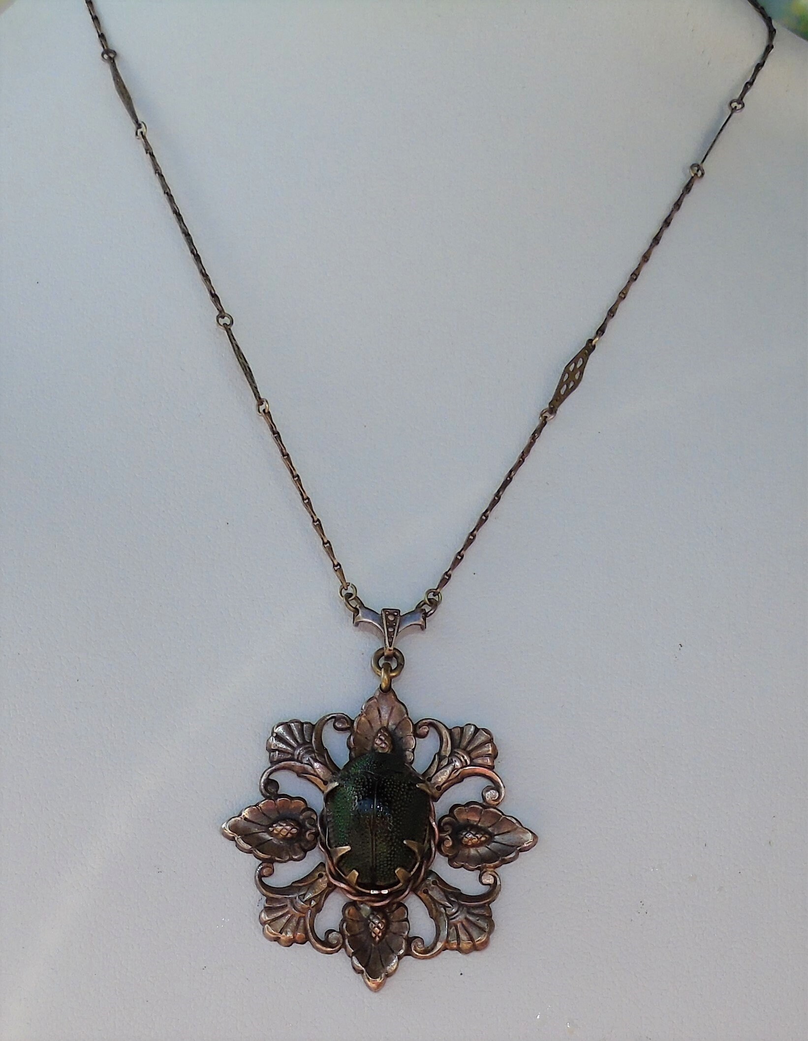 Vintage Art Deco Egyptian Revival Real Scarab Pendant Necklace Etsy