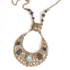 Vintage Art Deco Design Opal and Garnet Pendant Necklace