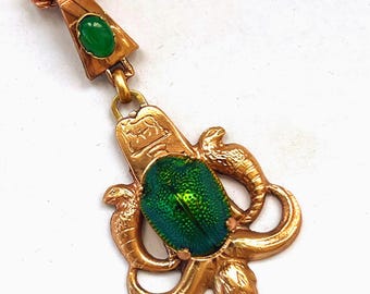 Vintage Egyptian Real Scarab and Snakes Design Pendant Necklace