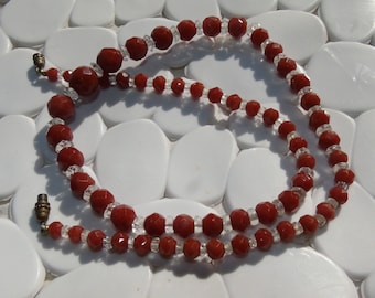 Vintage Art Deco Czech Carnelian Faceted Glass Beaded Necklace