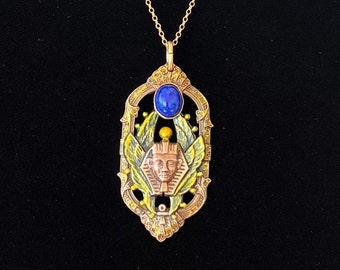 Vintage Art Deco Egyptian Revival Pharaoh Pendant Necklace