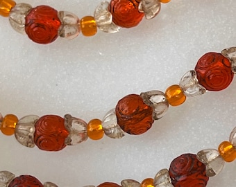 Vintage Art Deco Orange and Clear Czech Pressed Glass and Flower Three Strand Necklace