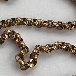 May include: Close-up of a gold-colored chain necklace with a textured, faceted design. The chain links are interlocked, creating a flexible and ornate piece of jewelry. The chain is displayed against a light background.