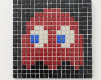 Oryginalny Pacman art mozaika ściany; Duch Pacman; Cień Blinky rocznika gra wideo; Mozaika szklana; Pixel Wall art.