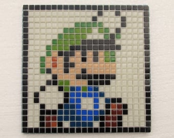 Super Mario World handmade mosaic wall art; Luigi; glass mosaic wall art; retro vintage video games; 8 bit pixel art; 1990s pop art
