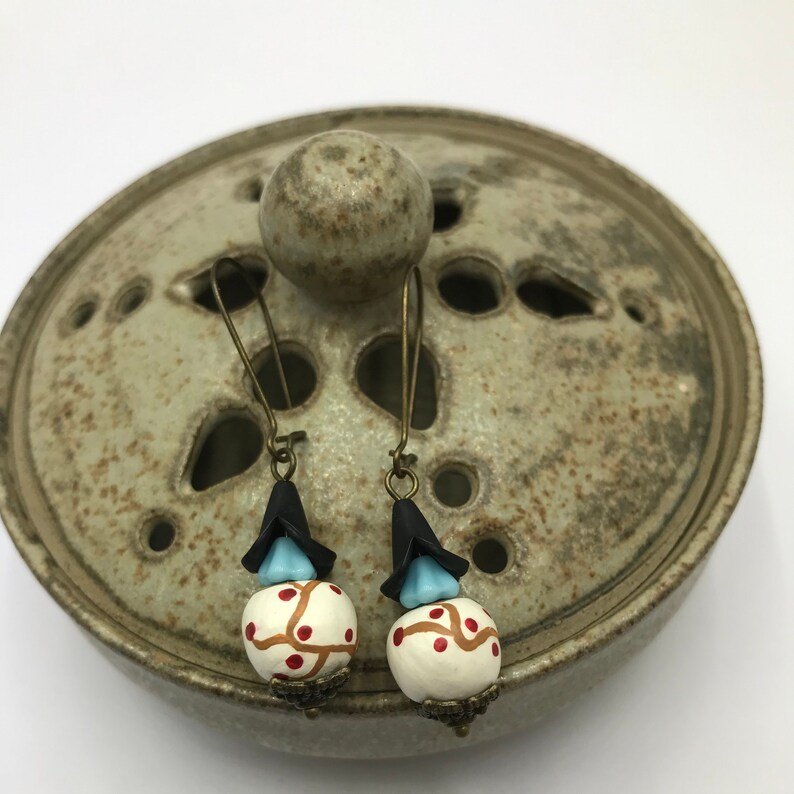 spring jewellery White clay beads Japanese tree design earrings with blue gift for her boho earrings black and bronze bead caps