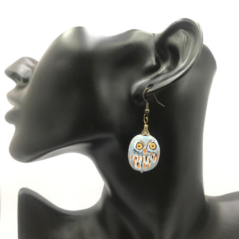 woodland jewellery forest earrings Uk made miniature owls Cute owls light blue clay earrings with bronze bead caps bohemian earrings