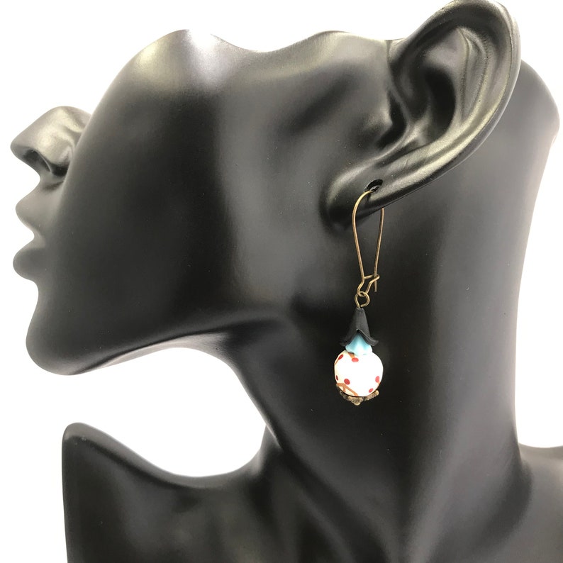 spring jewellery White clay beads Japanese tree design earrings with blue gift for her boho earrings black and bronze bead caps