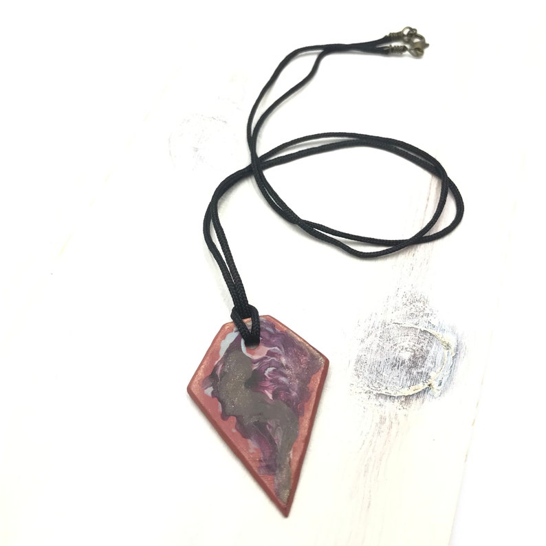 bohemian pendant Rust pink and purple geometric clay pendant with handpainted abstract design hippie pendant lightweight pendant
