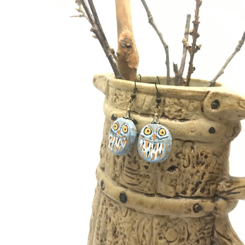 woodland jewellery forest earrings Uk made miniature owls Cute owls light blue clay earrings with bronze bead caps bohemian earrings