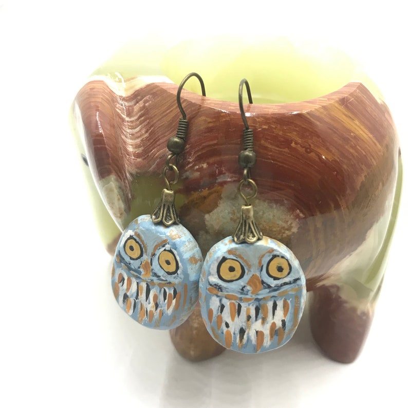 woodland jewellery forest earrings Uk made miniature owls Cute owls light blue clay earrings with bronze bead caps bohemian earrings