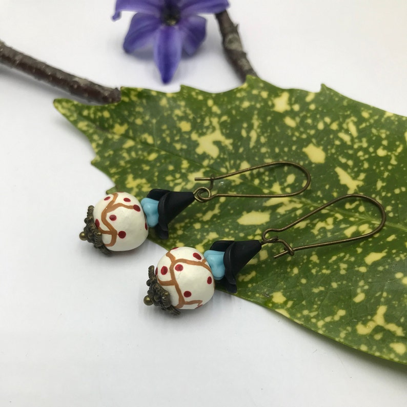 spring jewellery White clay beads Japanese tree design earrings with blue gift for her boho earrings black and bronze bead caps