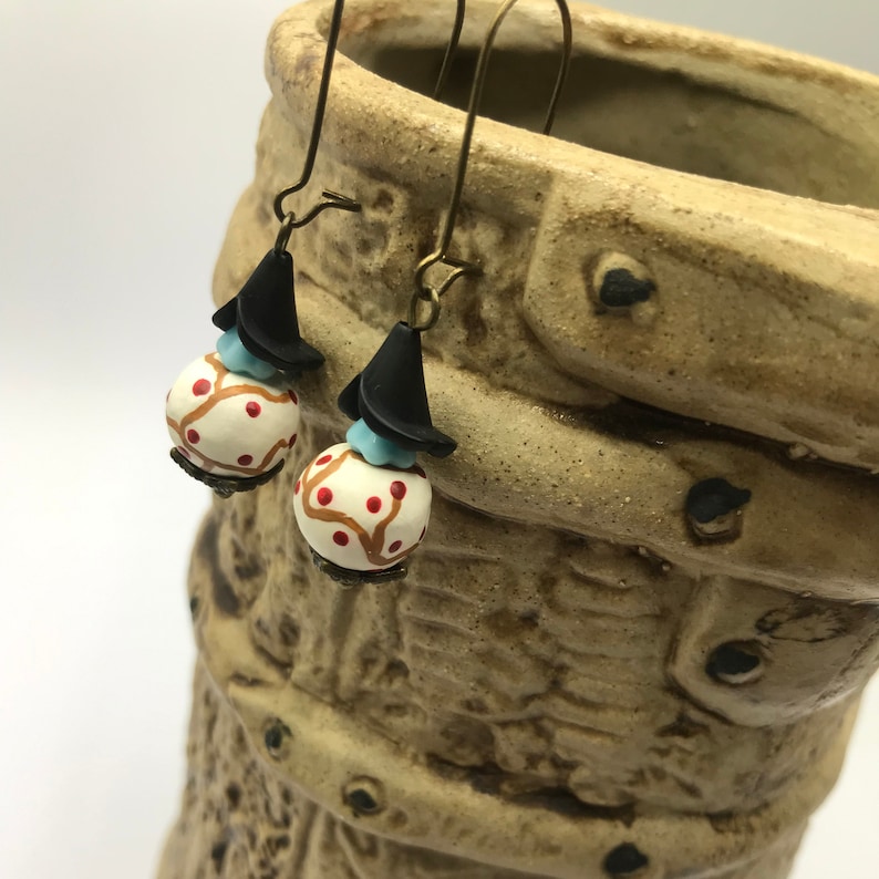 spring jewellery White clay beads Japanese tree design earrings with blue gift for her boho earrings black and bronze bead caps