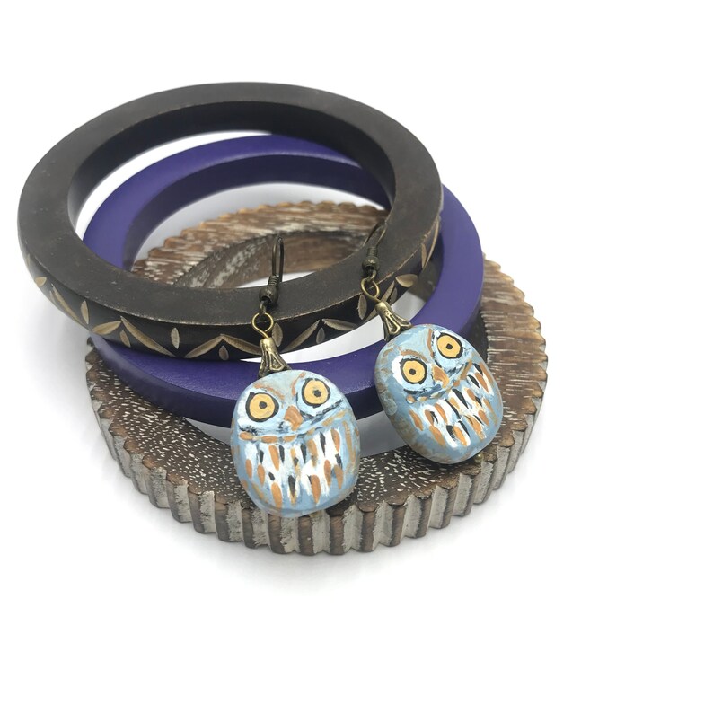 woodland jewellery forest earrings Uk made miniature owls Cute owls light blue clay earrings with bronze bead caps bohemian earrings