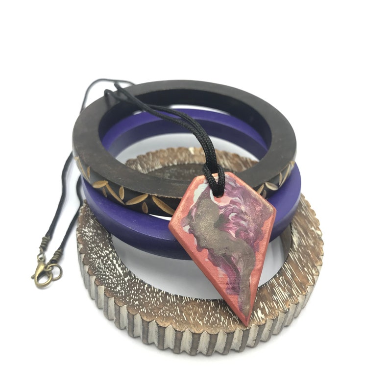 bohemian pendant Rust pink and purple geometric clay pendant with handpainted abstract design hippie pendant lightweight pendant