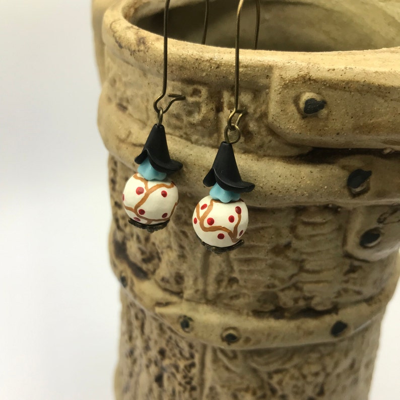 spring jewellery White clay beads Japanese tree design earrings with blue gift for her boho earrings black and bronze bead caps