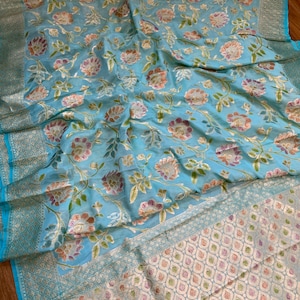 Banarasi pure khaddi Georgette heavy meena silver zari floral all over saree with beautiful border | khaddi Georgette saree