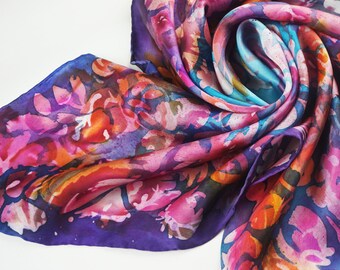 Pink purple floral silk scarf, woman hand painted wrap, flowers art gift for her, original painting neck scarf, unique silk scarves