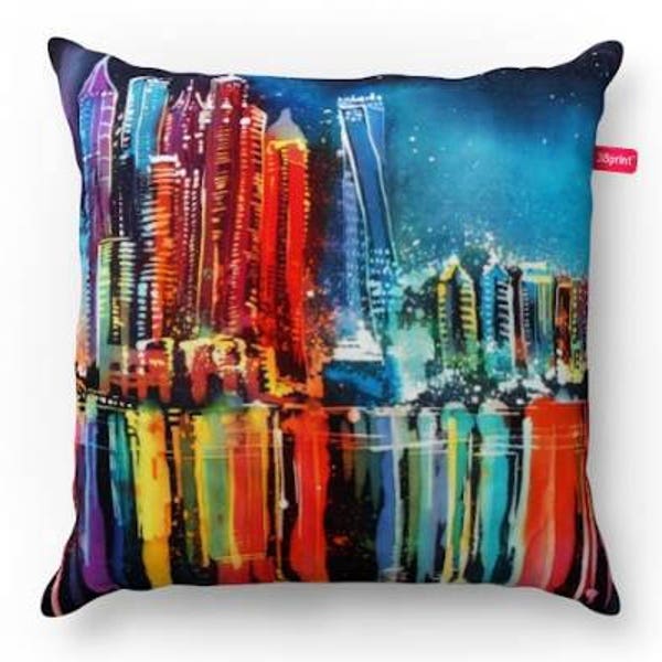 Taie d'oreiller de ville de nuit, oreiller original d'impression d'art de peinture, couverture de coussin de concepteur, oreiller de Dubaï, couverture carrée d'oreiller 15x15