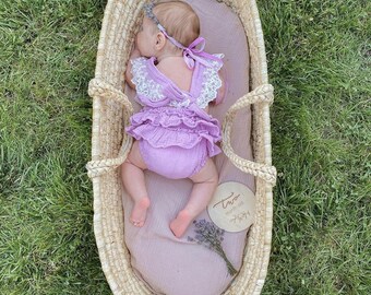 Lavander newborn romper for girl with soft lace trim | Boho Newborn Girl Romper | Newborn Girl Romper |Newborn Outfit | Newborn Photography