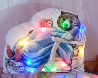 Bear christmas pillow, Decorative Winter Pillow, christmas decor, Night light bear pillow, LED holiday pillow, Christmas tree 2023 pillow