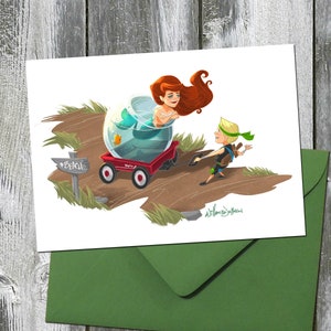 Radio Swimmer Mermaid Girl in Red Radio Flyer – Cartão de qualquer ocasião / cartão de aniversário