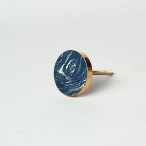 Midnight Blue Marble & Brass Cabinet Knob | Navy Ocean Wave Marble Pattern Drawer Pull | Gold Rimmed Indigo Dresser Hardware for Bathroom